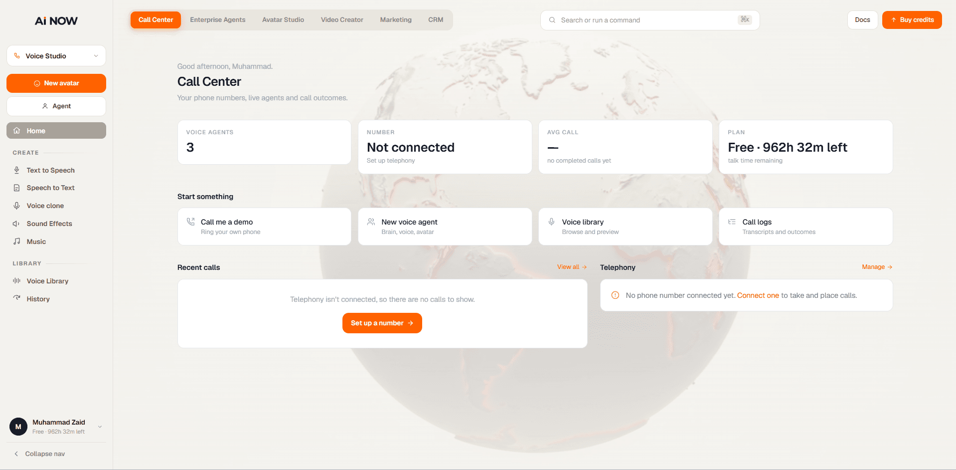 The AI Now Voice Studio: manage voice agents, telephony, and call logs from one dashboard.